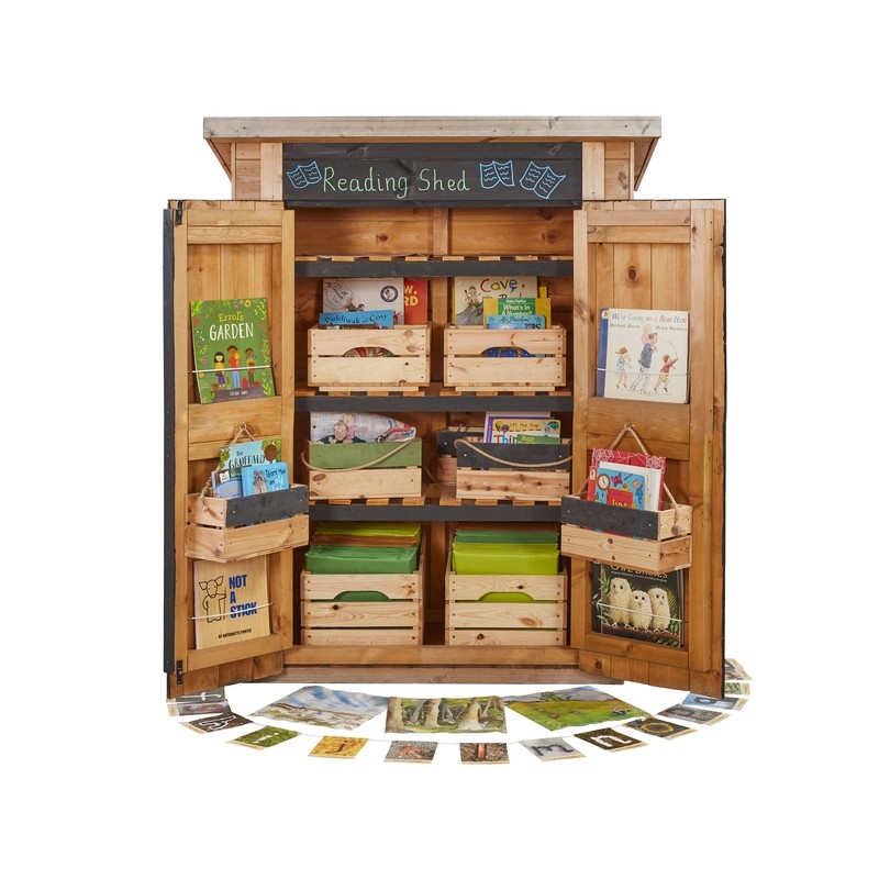 Outdoor reading shed with book boxes | outdoor school furniture
